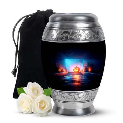 Midnight Black Halloween Cremation Urn back view with polished surface - royal halloween engraving with decorative scrollwork - full-size 10 inch 200 cubic inch adult cremation urn