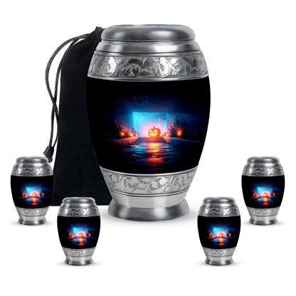 Rich Black Halloween Cremation Urn detail view - regal halloween design with crown-inspired accents - memorial set with one large and four small urns