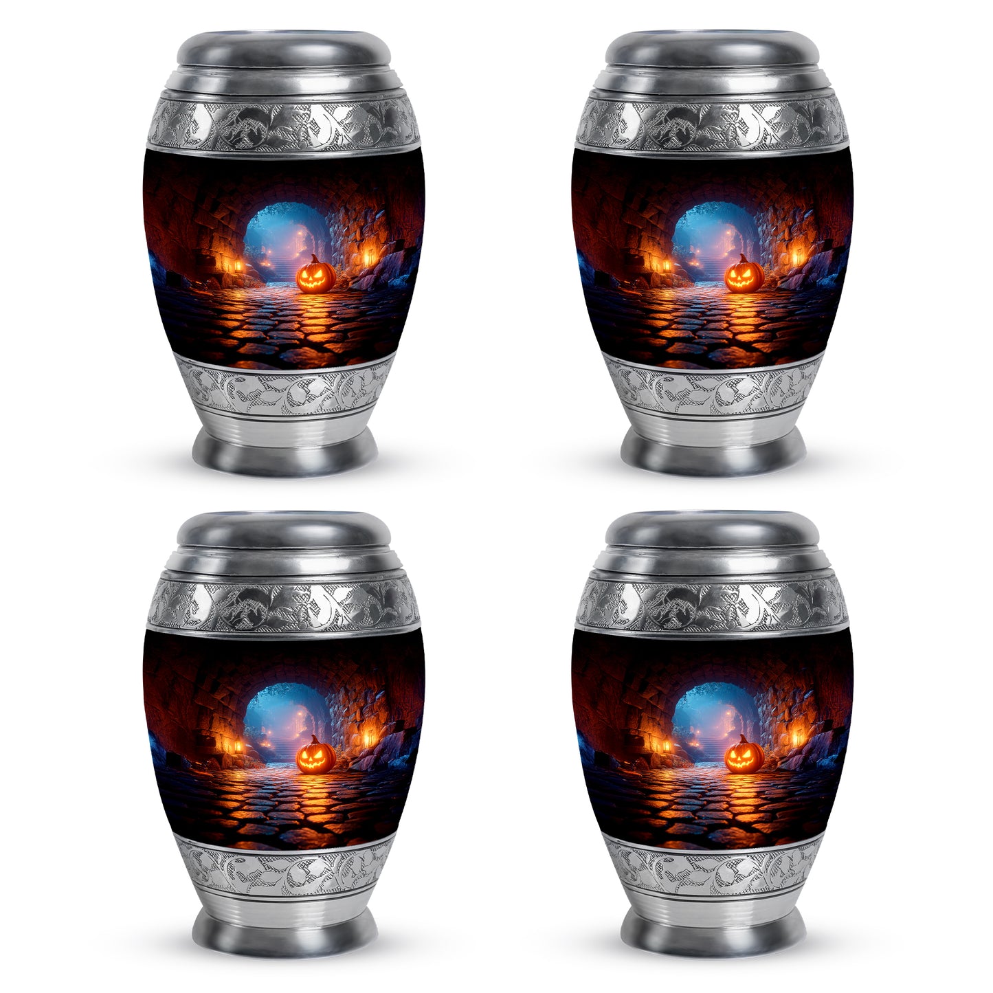 Charcoal Black Halloween Cremation Urn urn with complimentary velvet bag - majestic halloween pattern with filigree border - 10 inch aluminum urn for cremated remains