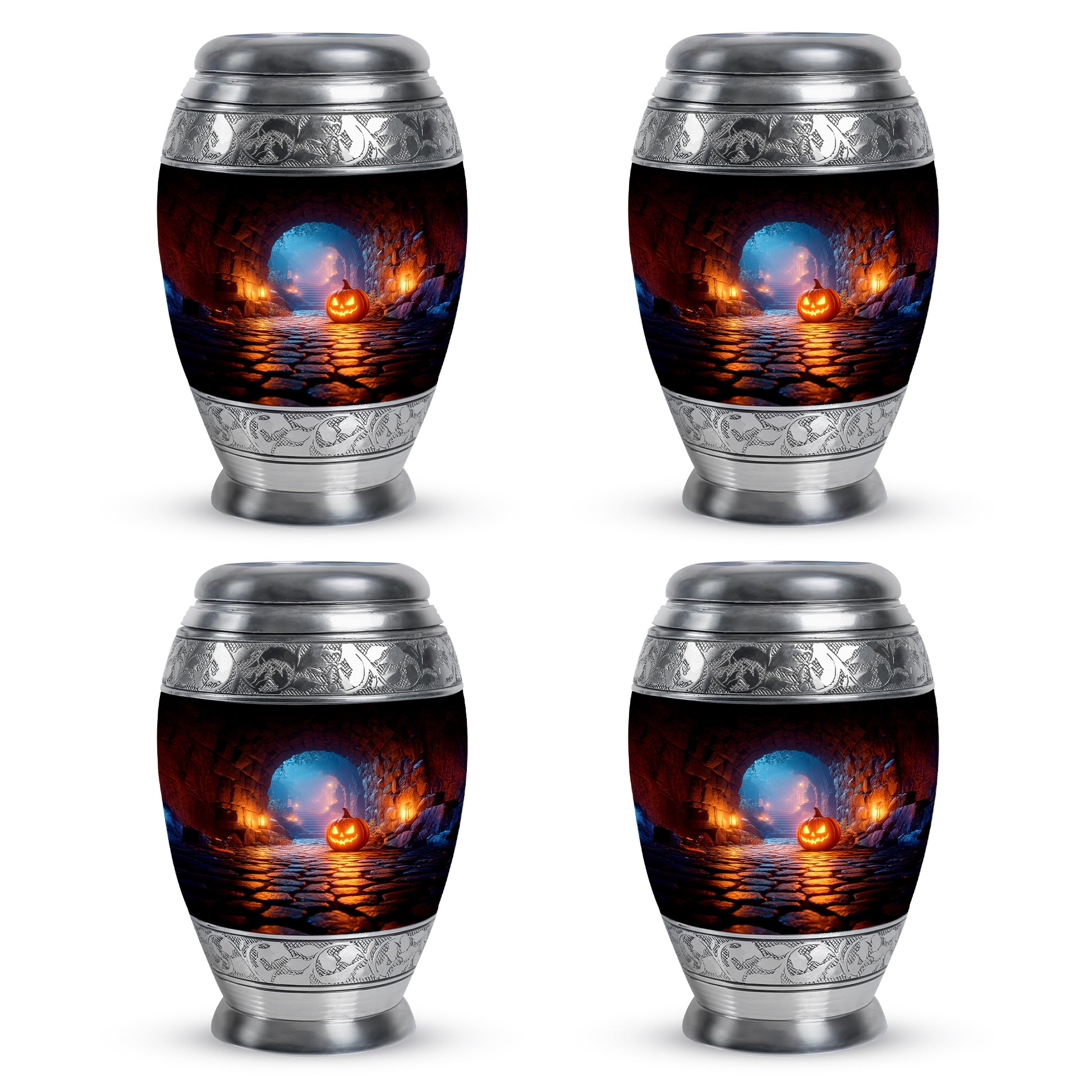 Charcoal Black Halloween Cremation Urn urn with complimentary velvet bag - majestic halloween pattern with filigree border - 10 inch aluminum urn for cremated remains