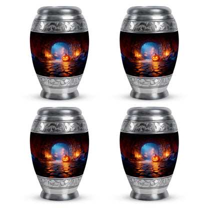 Charcoal Black Halloween Cremation Urn urn with complimentary velvet bag - majestic halloween pattern with filigree border - 10 inch aluminum urn for cremated remains