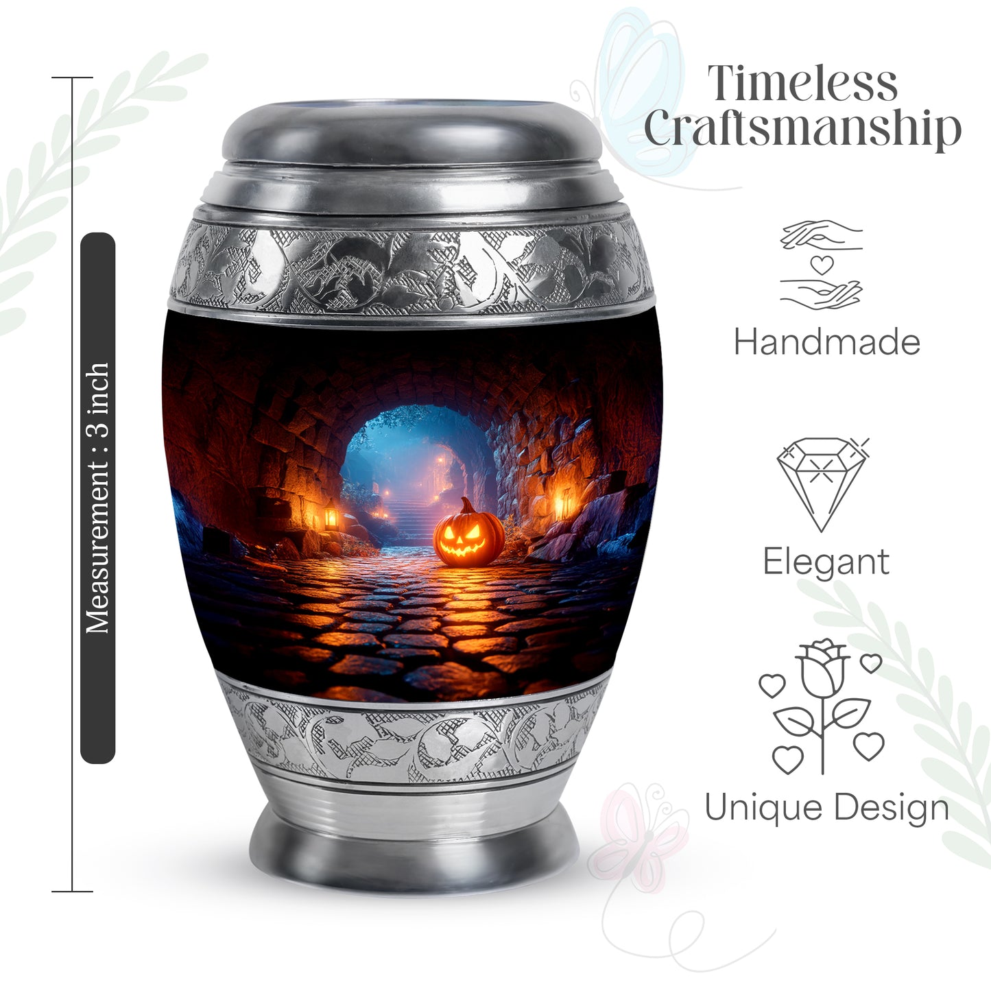 Obsidian Black Halloween Cremation Urn lifestyle display on memorial shelf - royal halloween engraving with decorative scrollwork - mini keepsake memorial for portion of cremation ashes