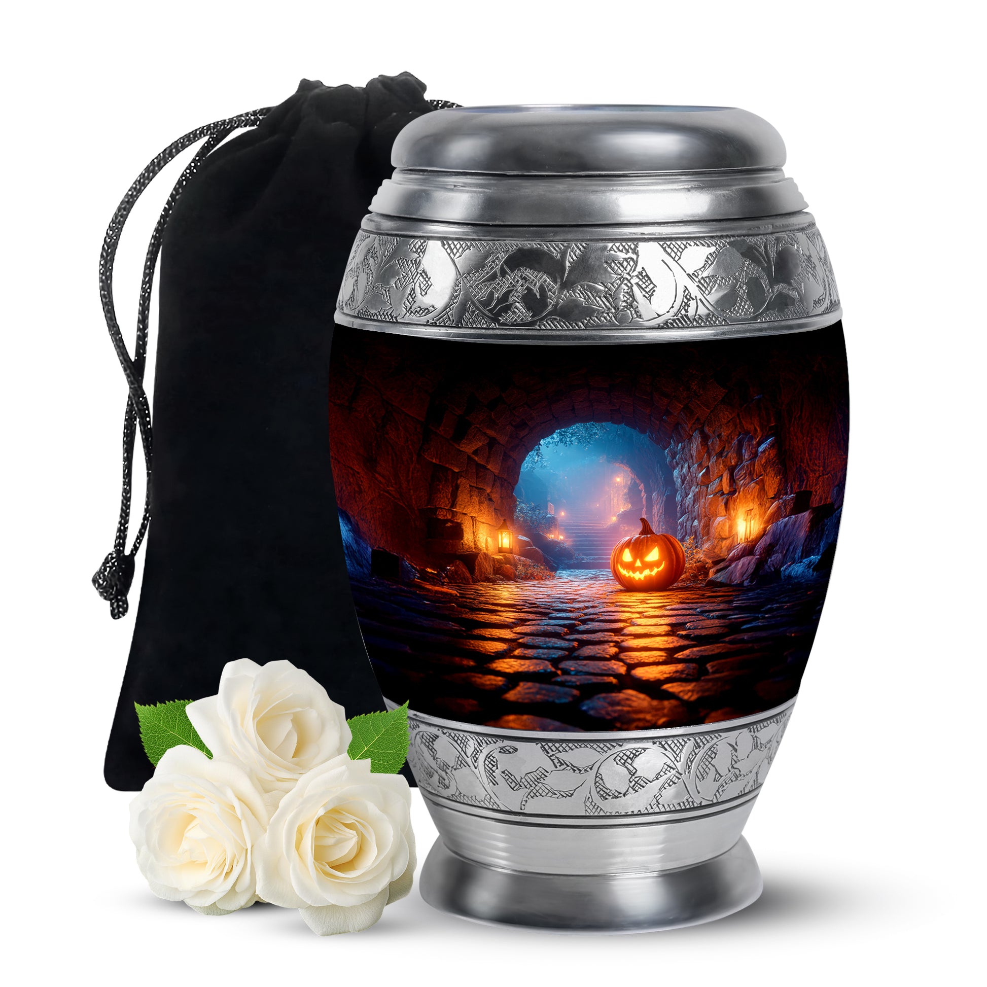 Glossy Black Halloween Cremation Urn back view with polished surface - ornate monarch-style halloween relief on brushed aluminum - full-size 10 inch 200 cubic inch adult cremation urn
