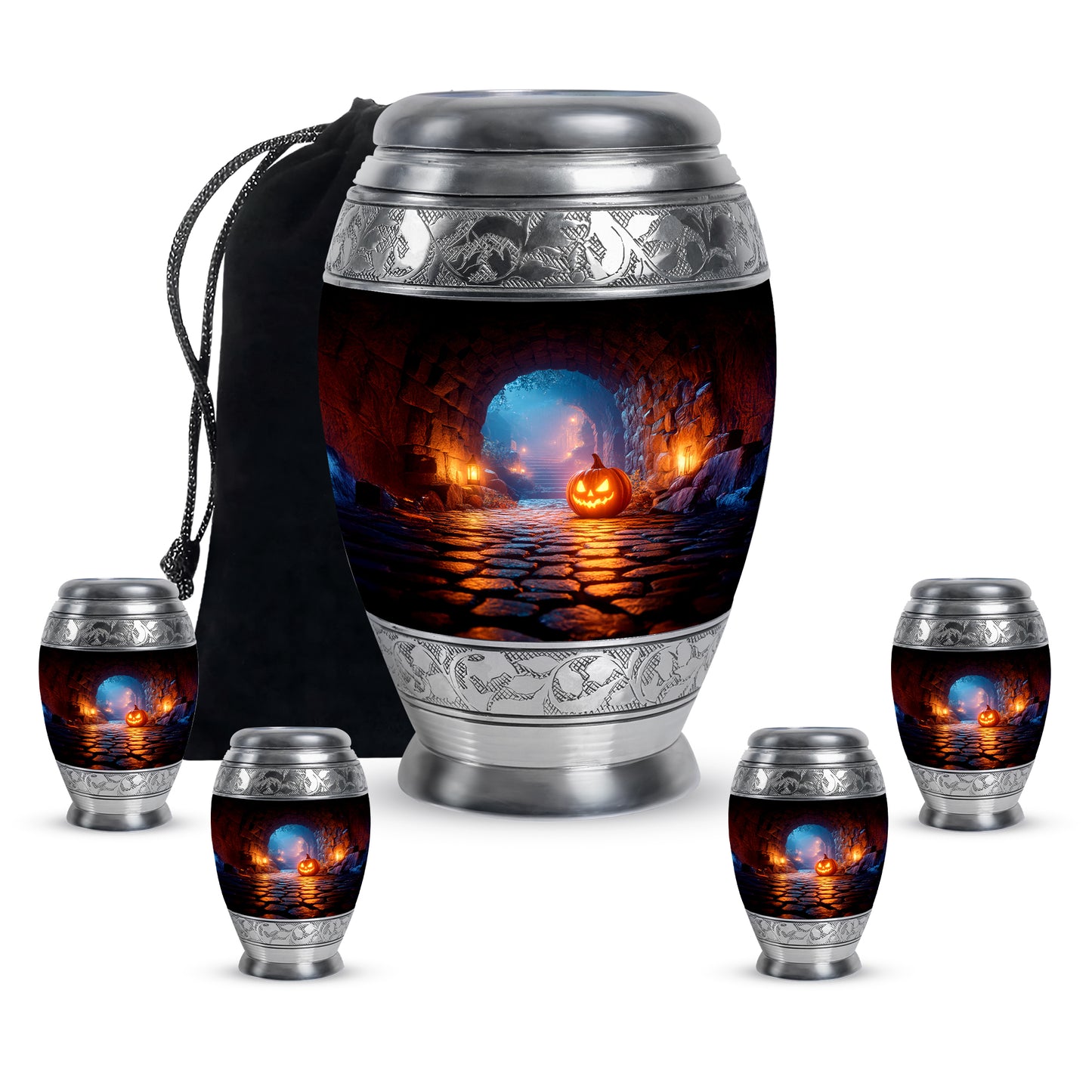 Deep Black Halloween Cremation Urn detail view - regal halloween design with crown-inspired accents - memorial set with one large and four small urns