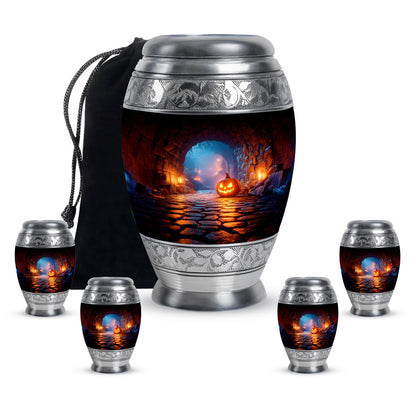 Deep Black Halloween Cremation Urn detail view - regal halloween design with crown-inspired accents - memorial set with one large and four small urns
