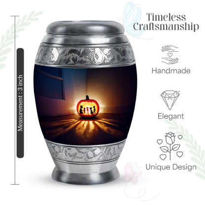 Slate Blue Halloween Cremation Urn lifestyle display on memorial shelf - ornate monarch-style halloween relief on brushed aluminum - mini keepsake memorial for portion of cremation ashes