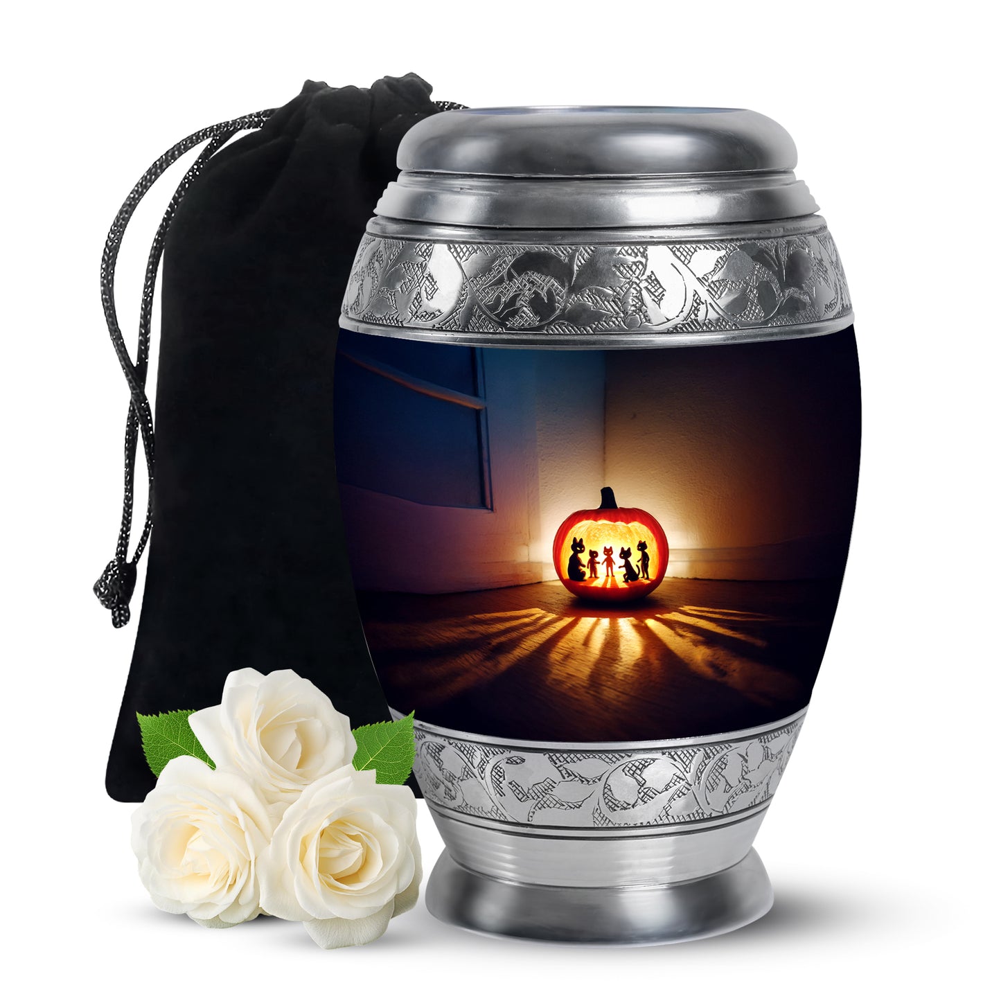 Indigo Halloween Cremation Urn back view with polished surface - ornate monarch-style halloween relief on brushed aluminum - full-size 10 inch 200 cubic inch adult cremation urn