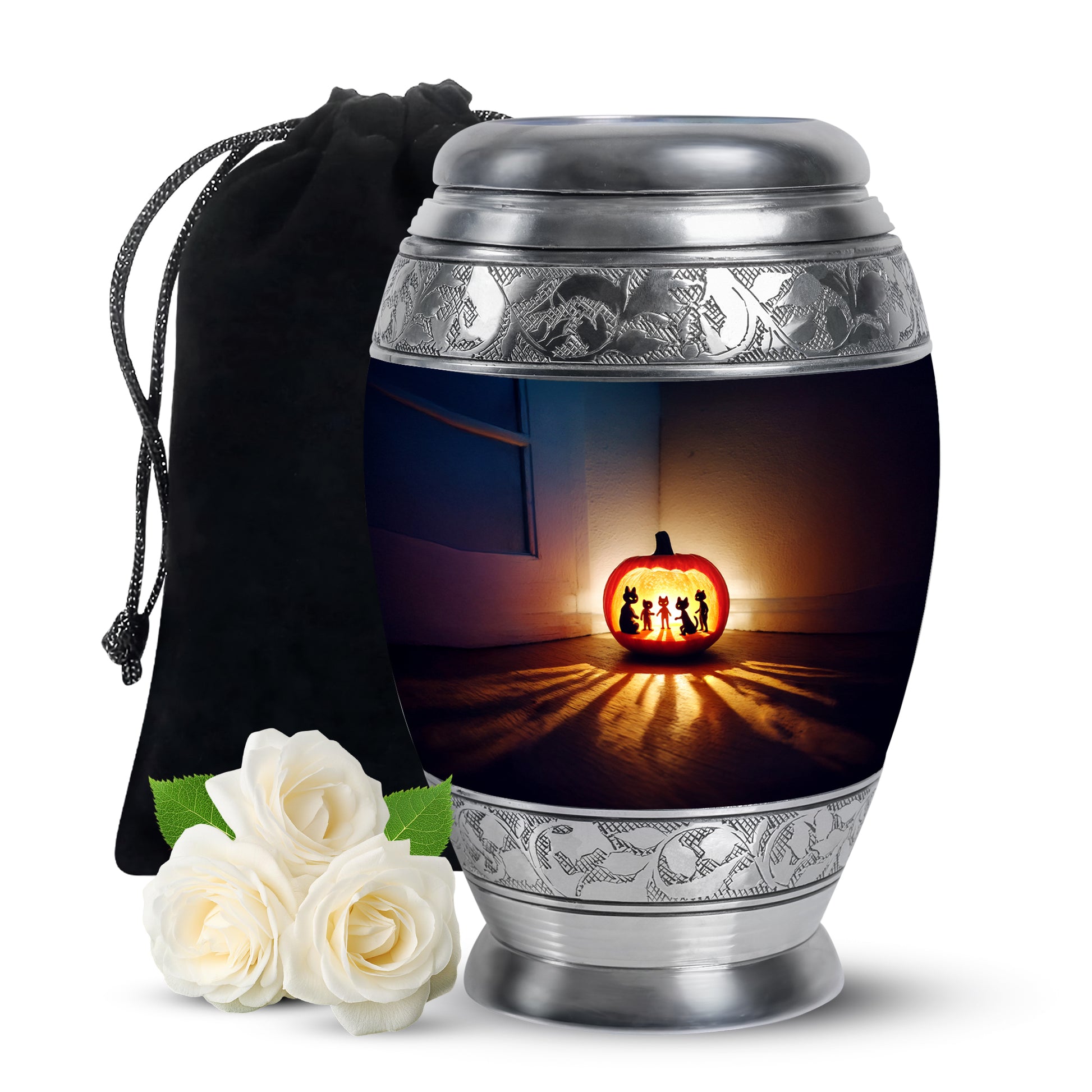 Indigo Halloween Cremation Urn back view with polished surface - ornate monarch-style halloween relief on brushed aluminum - full-size 10 inch 200 cubic inch adult cremation urn