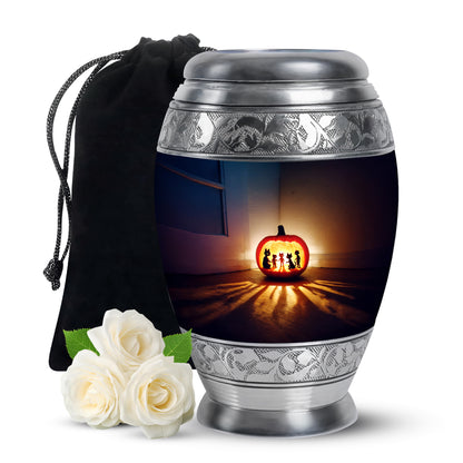 Indigo Halloween Cremation Urn back view with polished surface - ornate monarch-style halloween relief on brushed aluminum - full-size 10 inch 200 cubic inch adult cremation urn