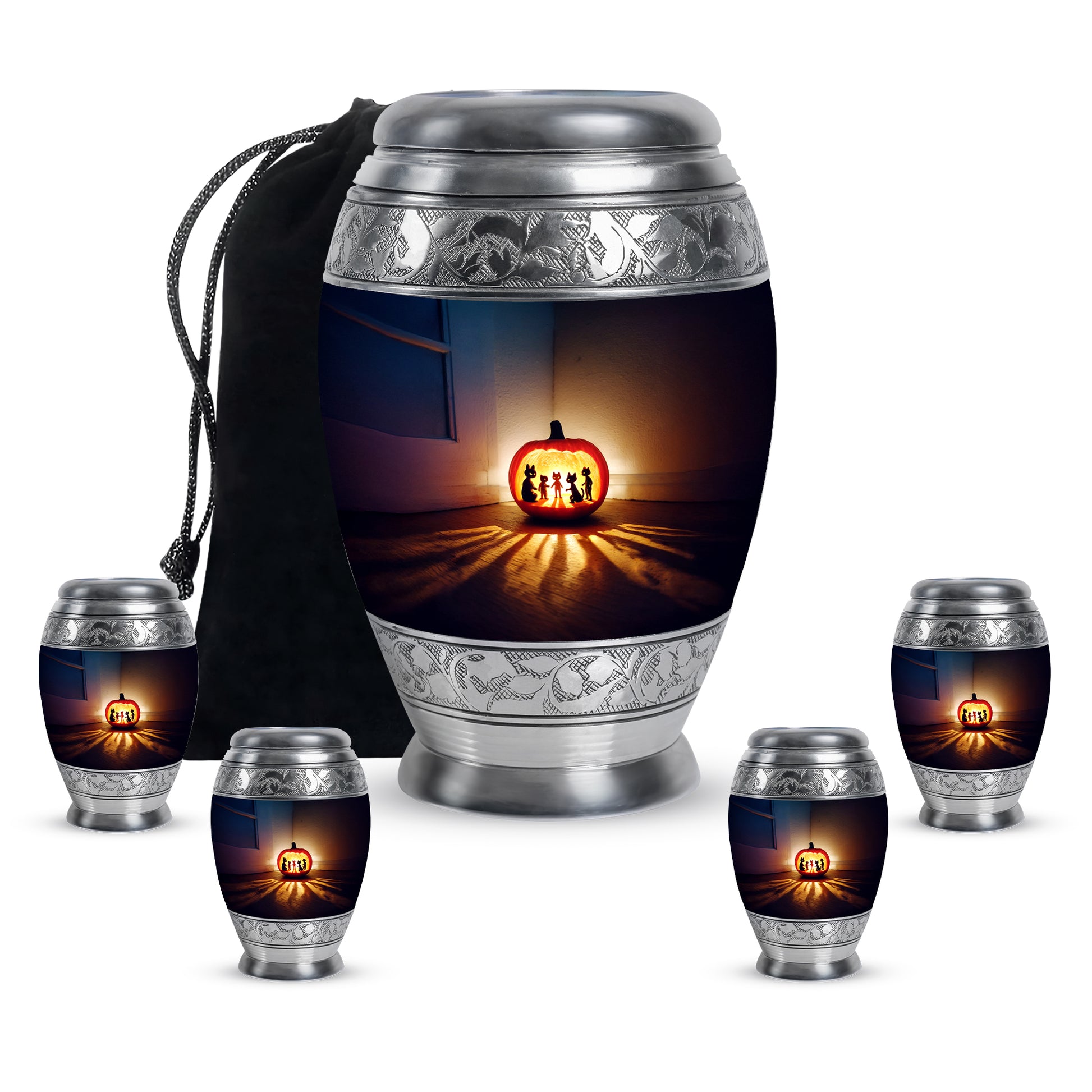 Calming Blue Halloween Cremation Urn detail view - royal halloween engraving with decorative scrollwork - memorial set with one large and four small urns