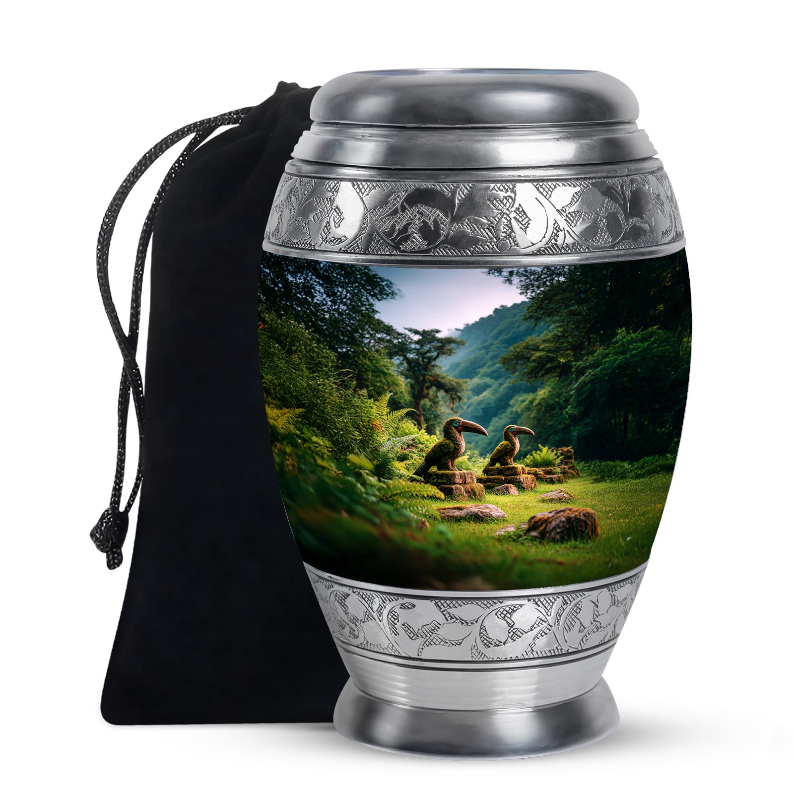 Soft Blue Hornbill Cremation Urn back view with polished surface - majestic hornbill pattern with filigree border - full-size 10 inch 200 cubic inch adult cremation urn