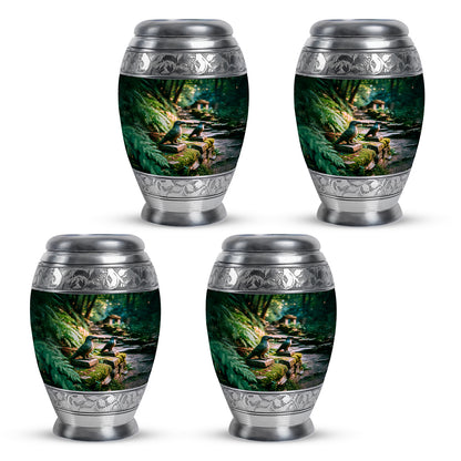 Forest Green Hornbill Cremation Urn urn with complimentary velvet bag - majestic hornbill pattern with filigree border - 10 inch aluminum urn for cremated remains