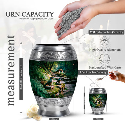 Pine Green Hornbill Cremation Urn lifestyle display on memorial shelf - majestic hornbill pattern with filigree border - mini keepsake memorial for portion of cremation ashes