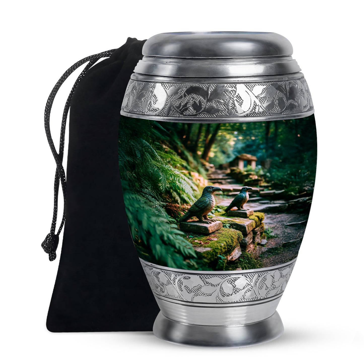 Verdant Green Hornbill Cremation Urn back view with polished surface - ornate monarch-style hornbill relief on brushed aluminum - full-size 10 inch 200 cubic inch adult cremation urn