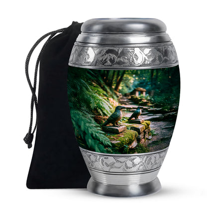 Verdant Green Hornbill Cremation Urn back view with polished surface - ornate monarch-style hornbill relief on brushed aluminum - full-size 10 inch 200 cubic inch adult cremation urn