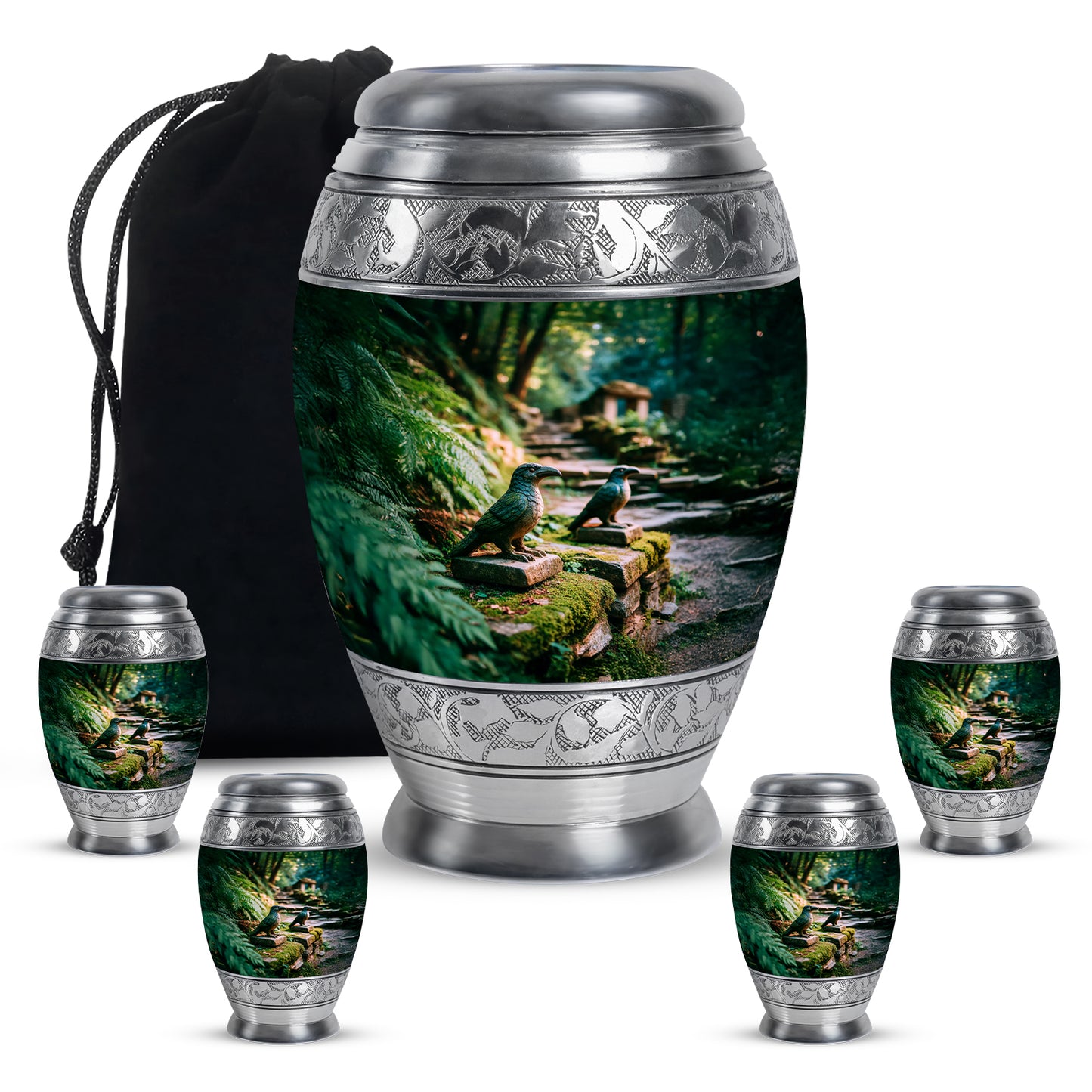 Forest Green Hornbill Cremation Urn detail view - majestic hornbill pattern with filigree border - memorial set with one large and four small urns