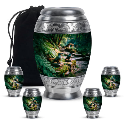 Forest Green Hornbill Cremation Urn detail view - majestic hornbill pattern with filigree border - memorial set with one large and four small urns