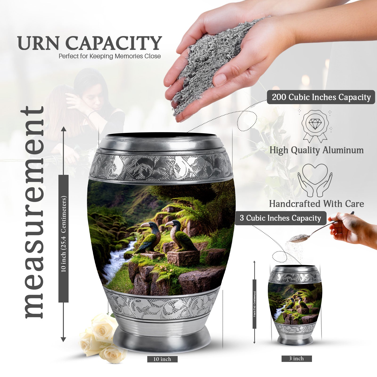 Harvest Gold Hornbill Cremation Urn lifestyle display on memorial shelf - royal hornbill engraving with decorative scrollwork - mini keepsake memorial for portion of cremation ashes