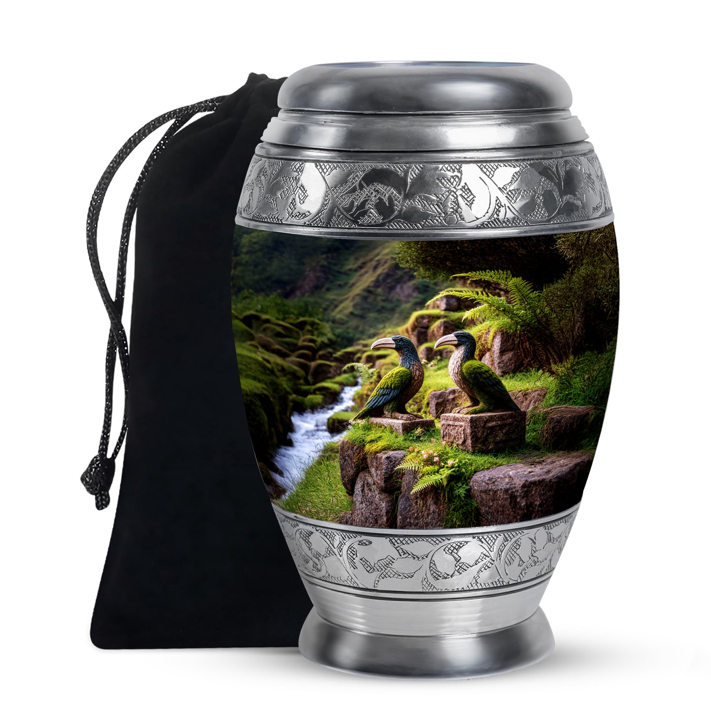 Gilded Gold Hornbill Cremation Urn back view with polished surface - ornate monarch-style hornbill relief on brushed aluminum - full-size 10 inch 200 cubic inch adult cremation urn