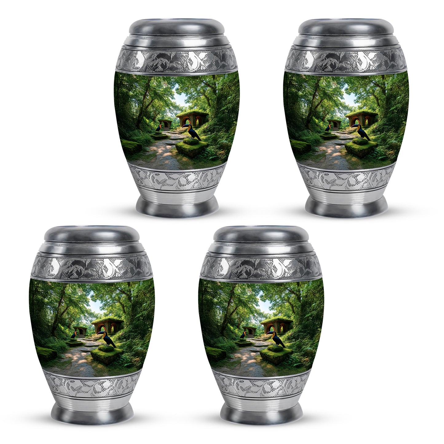 Olive Green Hornbill Cremation Urn urn with complimentary velvet bag - royal hornbill engraving with decorative scrollwork - 10 inch aluminum urn for cremated remains