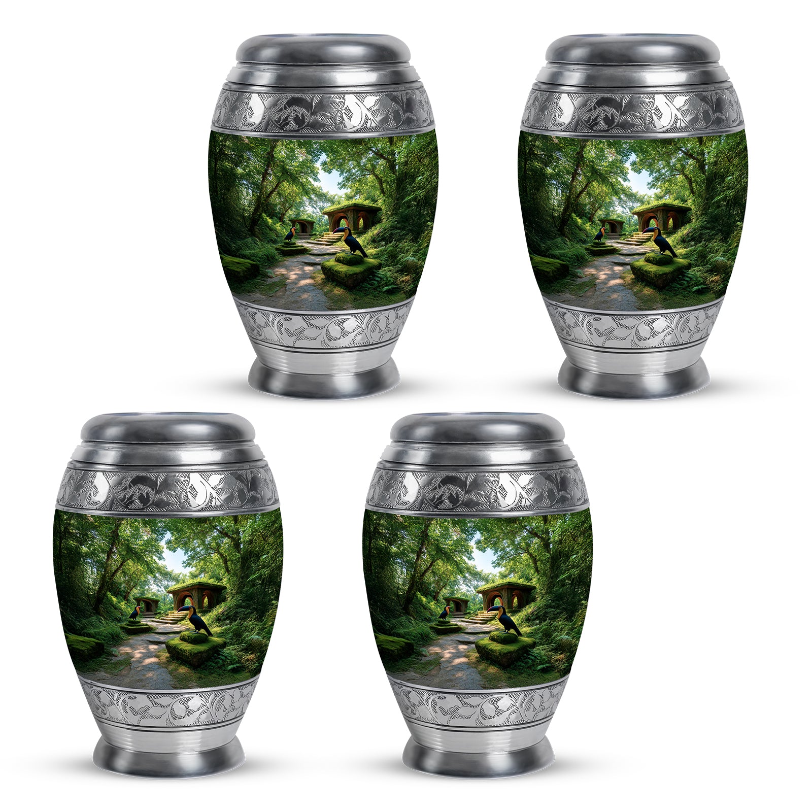 Olive Green Hornbill Cremation Urn urn with complimentary velvet bag - royal hornbill engraving with decorative scrollwork - 10 inch aluminum urn for cremated remains