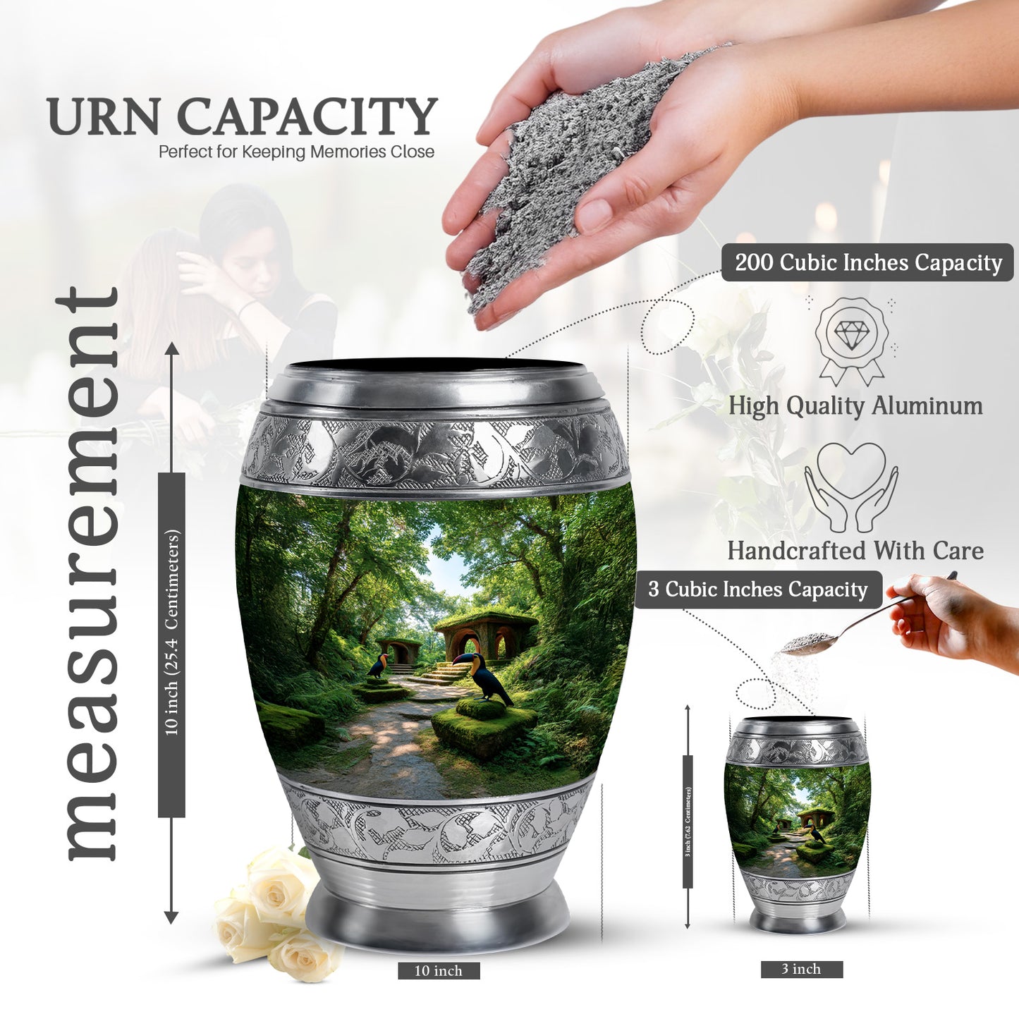 Sage Green Hornbill Cremation Urn lifestyle display on memorial shelf - regal hornbill design with crown-inspired accents - mini keepsake memorial for portion of cremation ashes