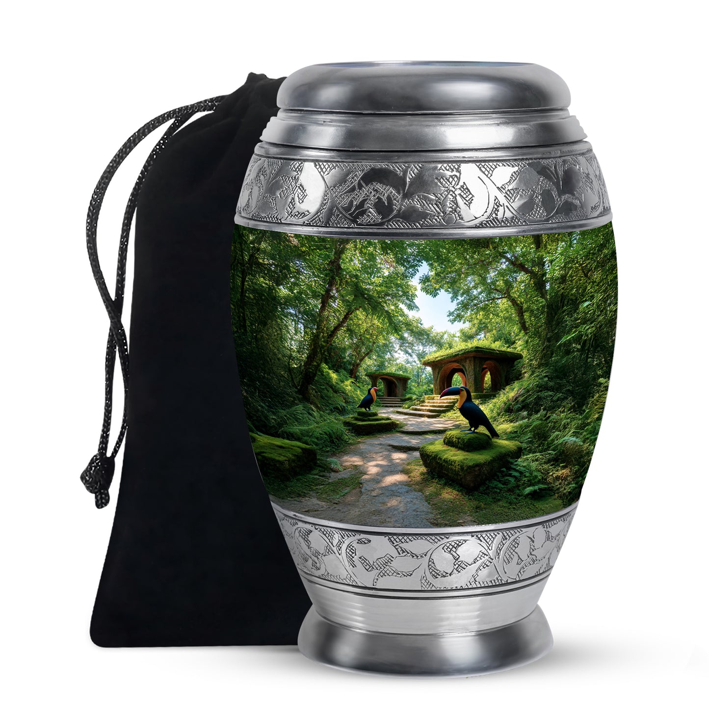 Forest Green Hornbill Cremation Urn back view with polished surface - royal hornbill engraving with decorative scrollwork - full-size 10 inch 200 cubic inch adult cremation urn