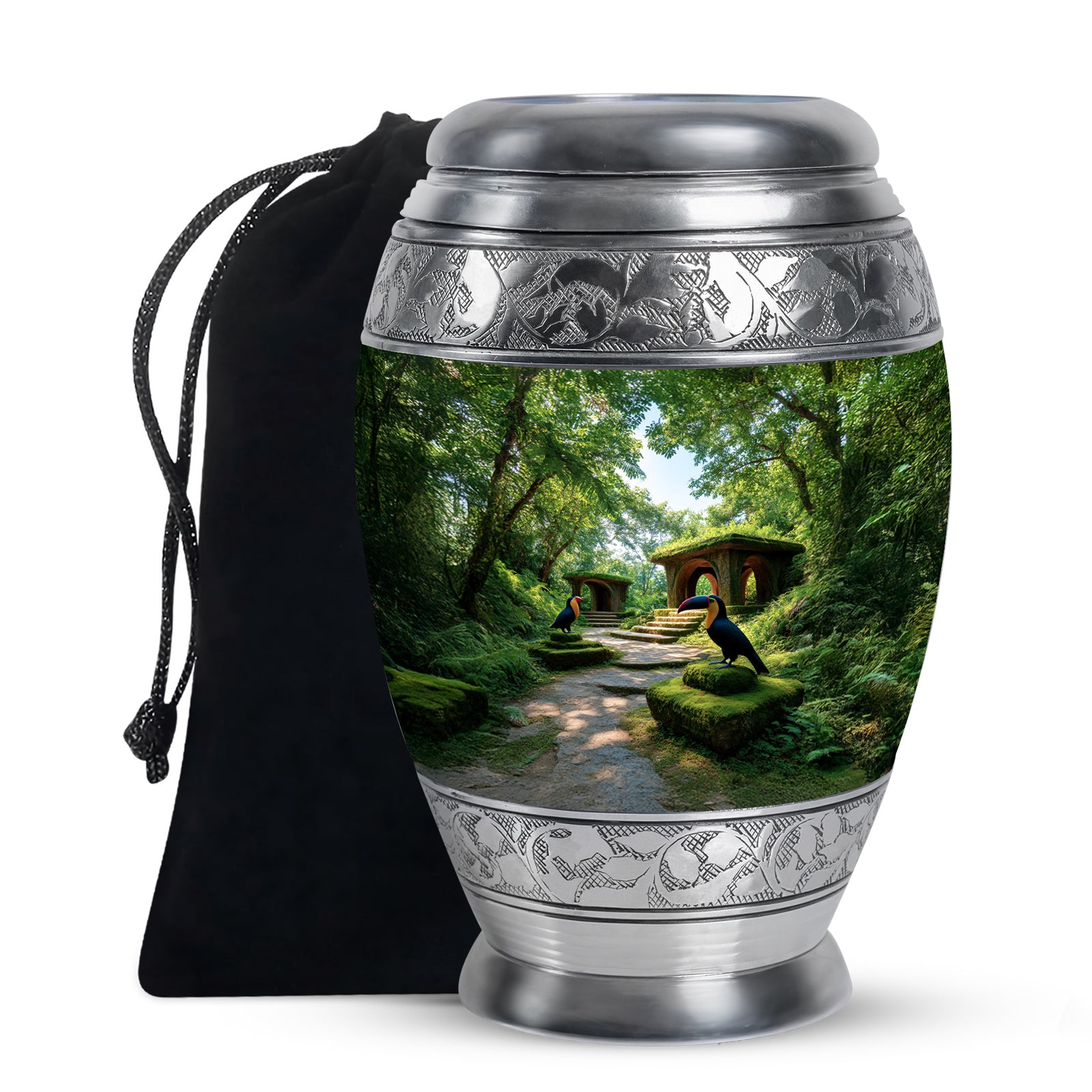 Forest Green Hornbill Cremation Urn back view with polished surface - royal hornbill engraving with decorative scrollwork - full-size 10 inch 200 cubic inch adult cremation urn