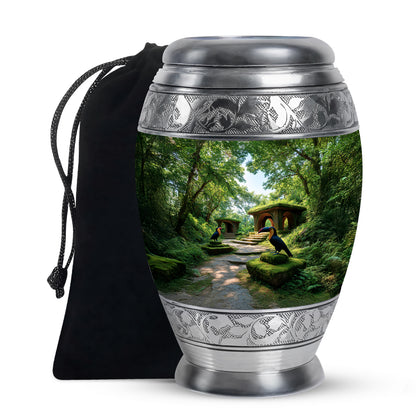 Forest Green Hornbill Cremation Urn back view with polished surface - royal hornbill engraving with decorative scrollwork - full-size 10 inch 200 cubic inch adult cremation urn