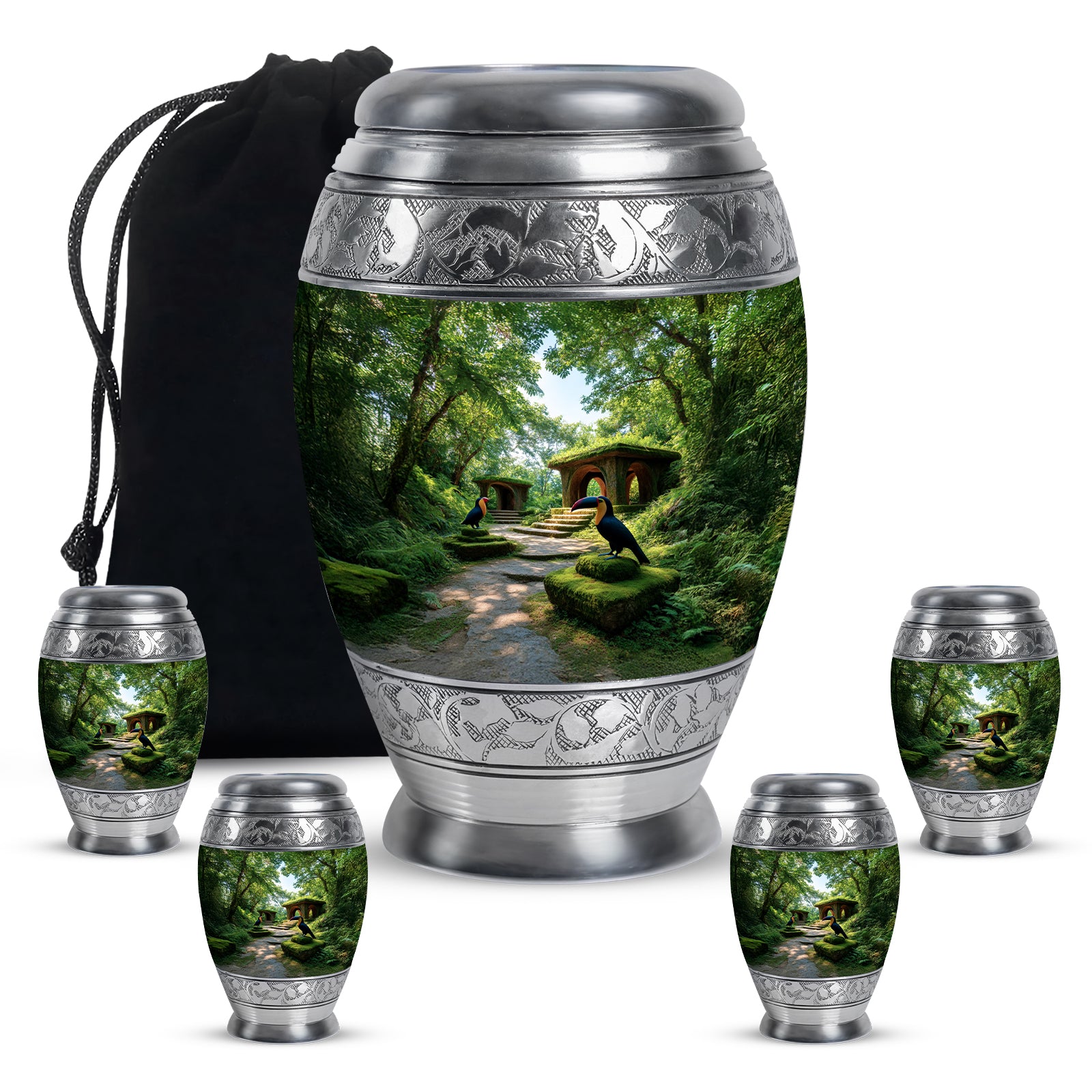 Forest Green Hornbill Cremation Urn detail view - majestic hornbill pattern with filigree border - memorial set with one large and four small urns