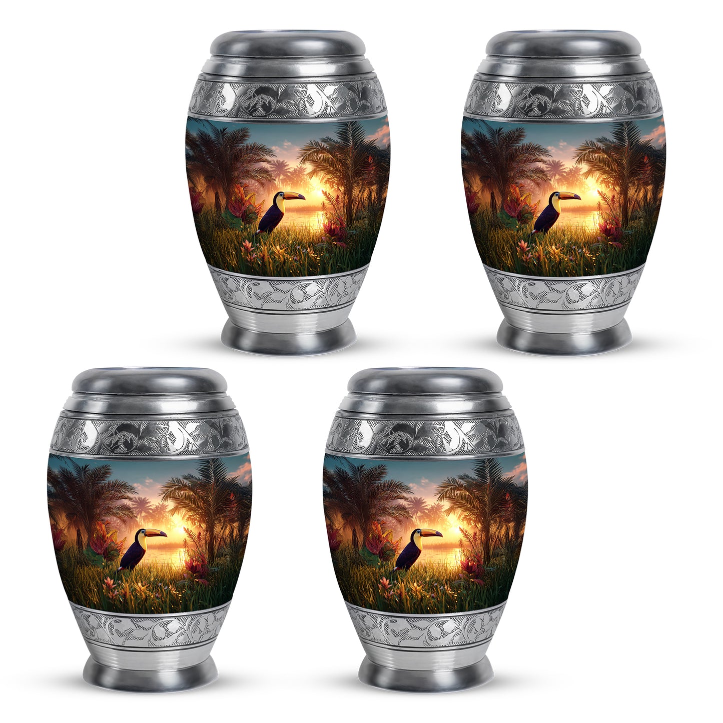 Sea Green Teal Hornbill Cremation Urn urn with complimentary velvet bag - regal hornbill design with crown-inspired accents - 10 inch aluminum urn for cremated remains