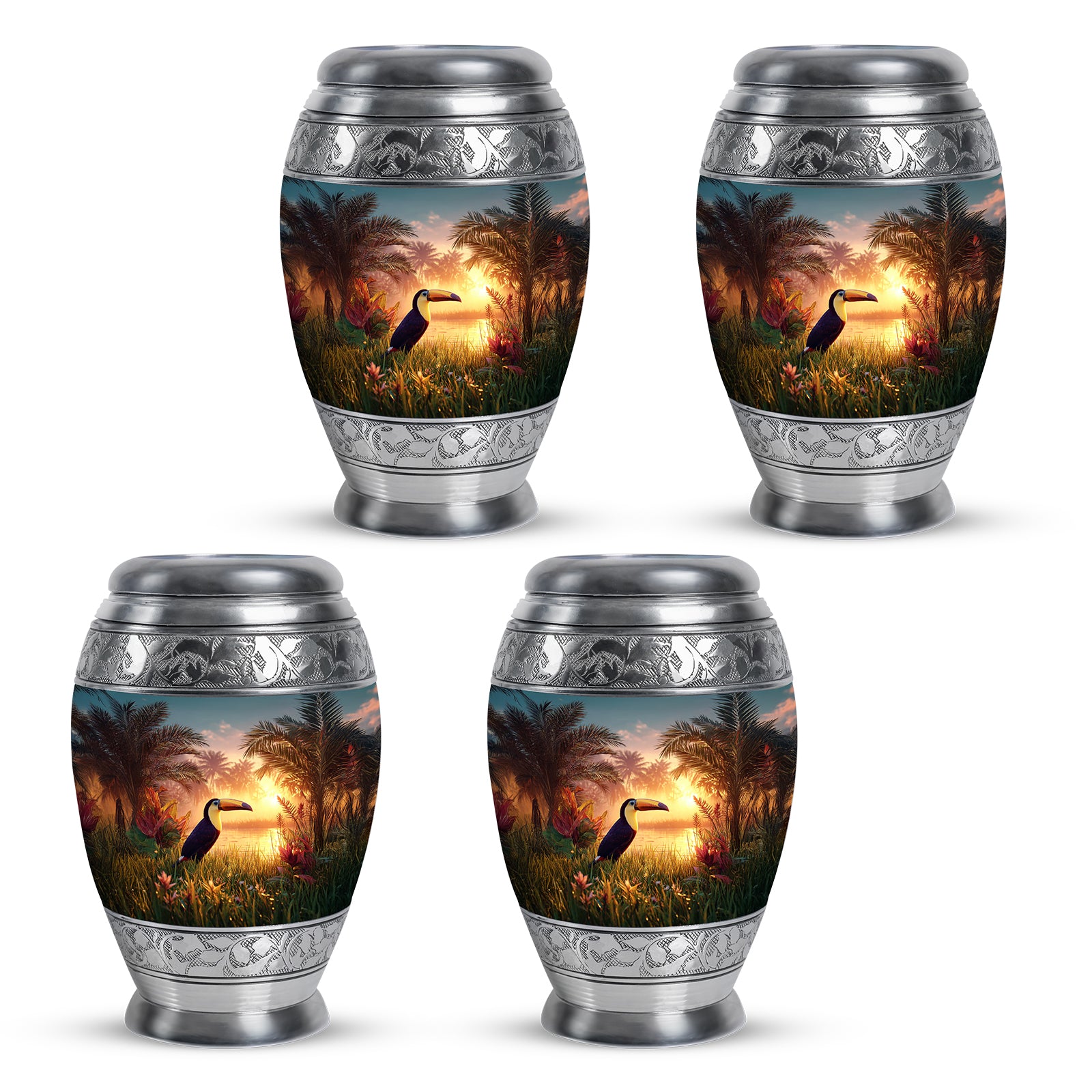 Sea Green Teal Hornbill Cremation Urn urn with complimentary velvet bag - regal hornbill design with crown-inspired accents - 10 inch aluminum urn for cremated remains