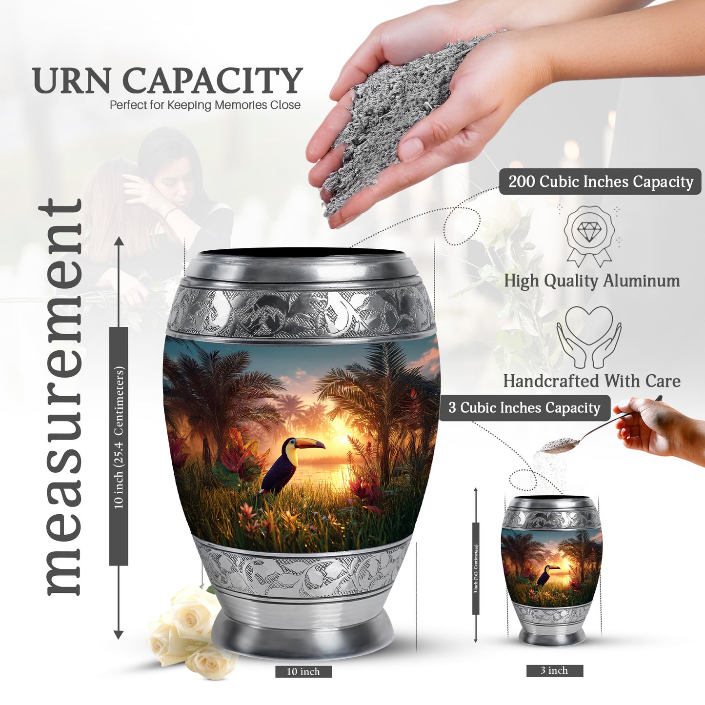 Jewel Teal Hornbill Cremation Urn lifestyle display on memorial shelf - regal hornbill design with crown-inspired accents - mini keepsake memorial for portion of cremation ashes