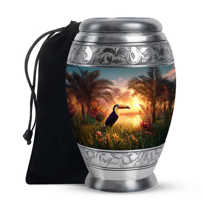 Aqua Teal Hornbill Cremation Urn back view with polished surface - majestic hornbill pattern with filigree border - full-size 10 inch 200 cubic inch adult cremation urn