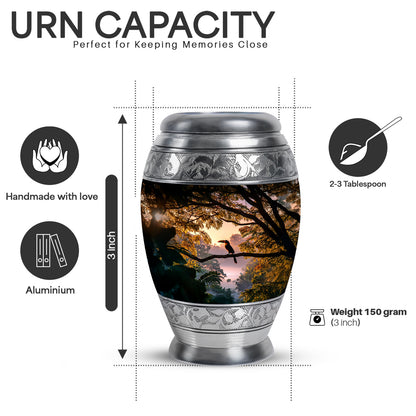 Ebony Hornbill Cremation Urn lifestyle display on memorial shelf - ornate monarch-style hornbill relief on brushed aluminum - mini keepsake memorial for portion of cremation ashes