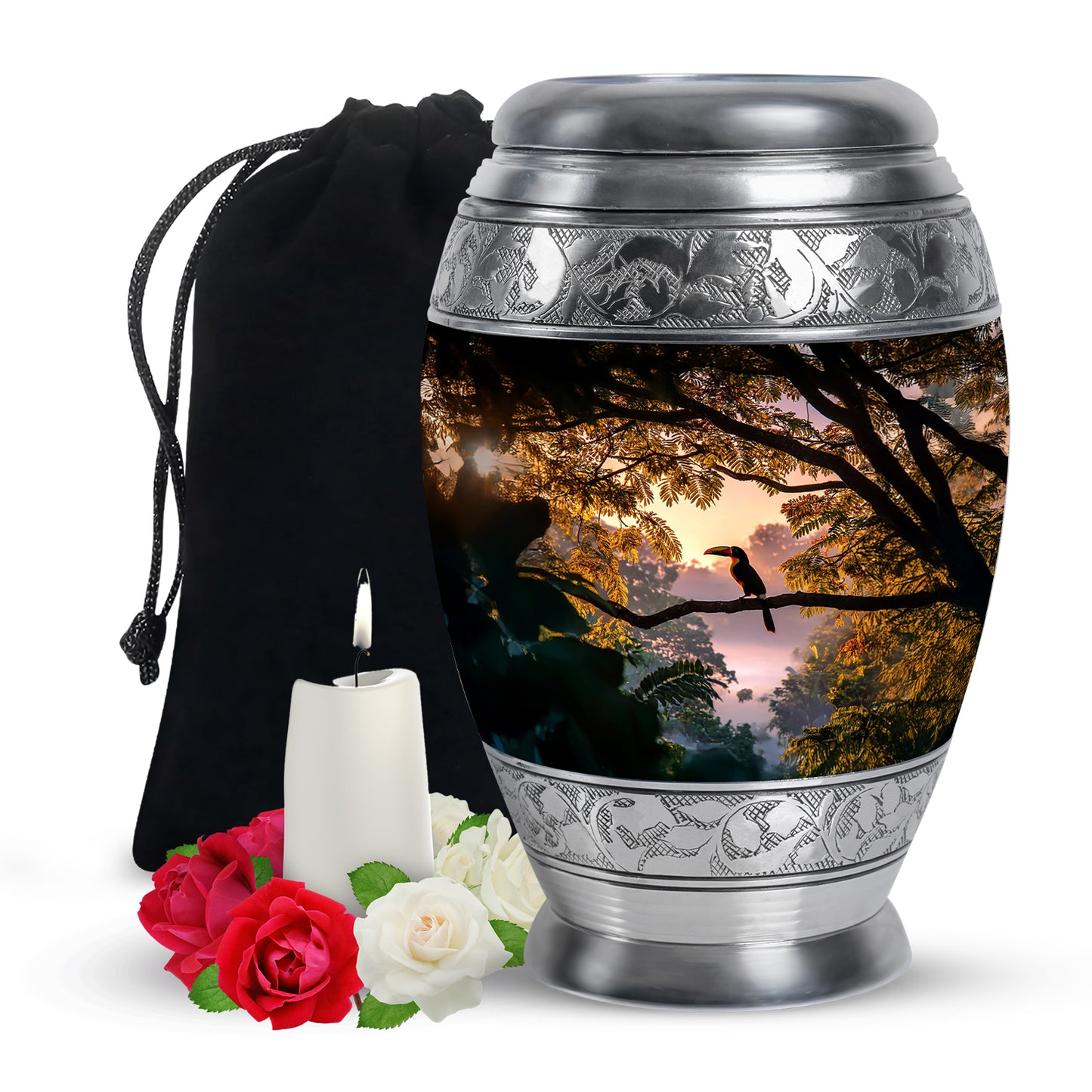 Dark Black Hornbill Cremation Urn back view with polished surface - royal hornbill engraving with decorative scrollwork - full-size 10 inch 200 cubic inch adult cremation urn