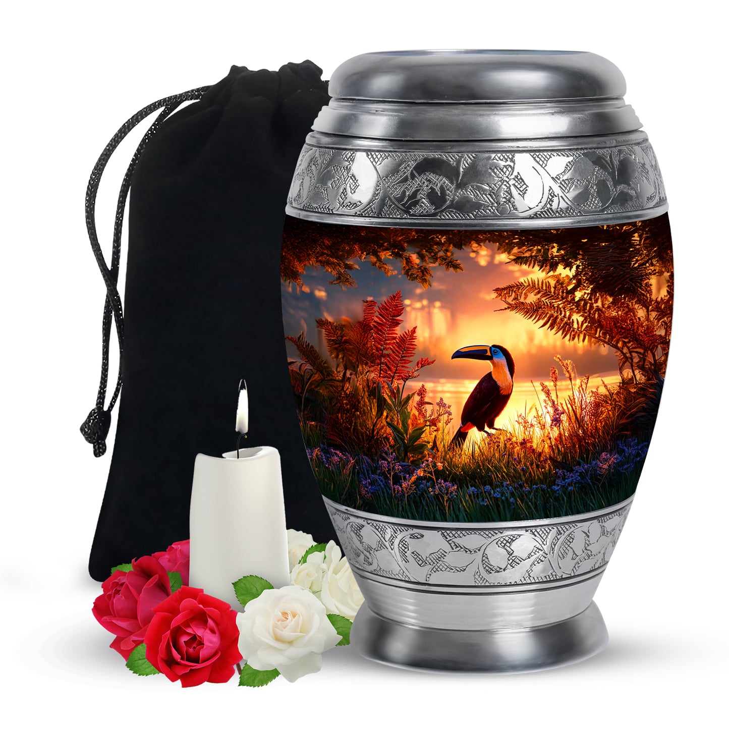 Burgundy Red Hornbill Cremation Urn back view with polished surface - ornate monarch-style hornbill relief on brushed aluminum - full-size 10 inch 200 cubic inch adult cremation urn