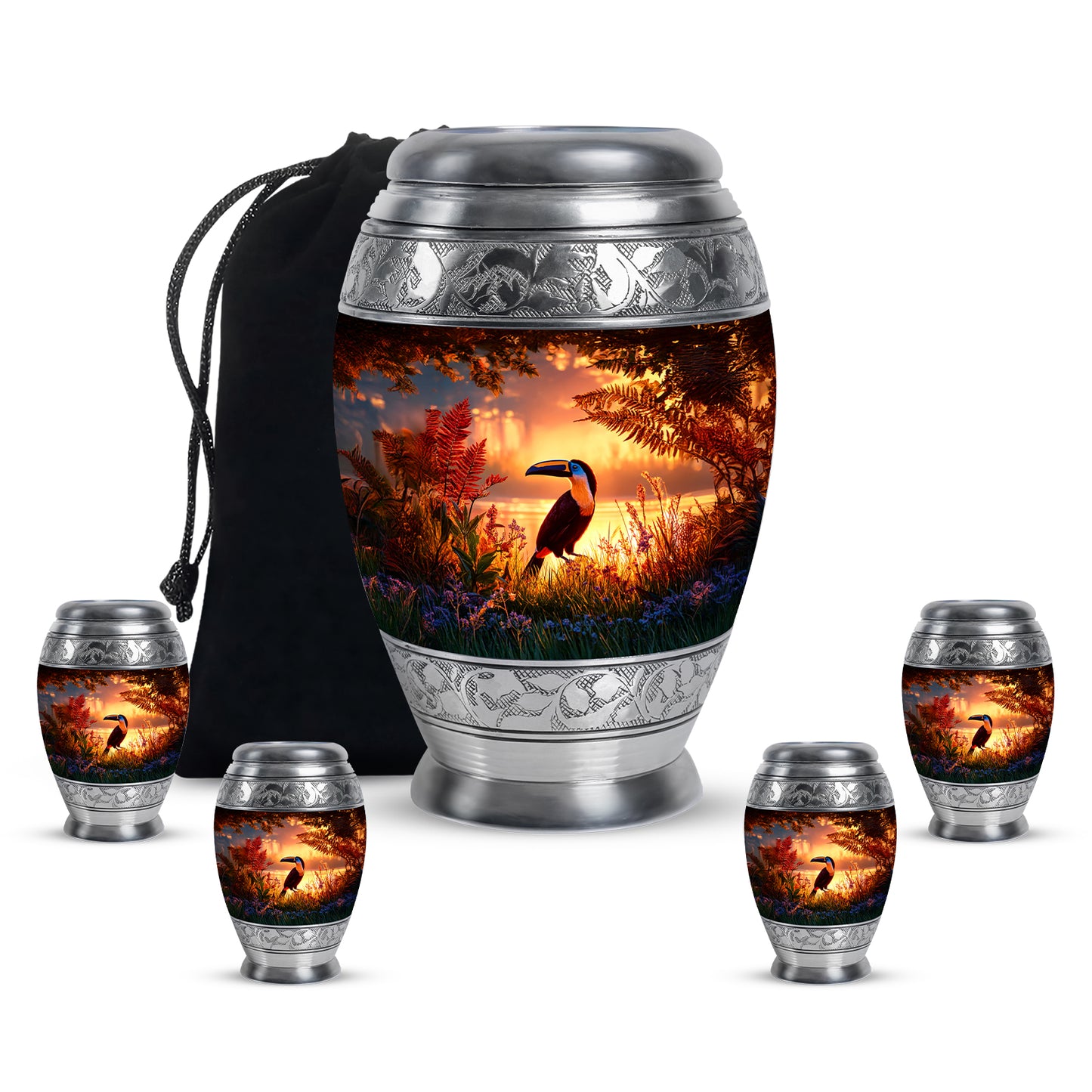 Deep Red Hornbill Cremation Urn detail view - regal hornbill design with crown-inspired accents - memorial set with one large and four small urns