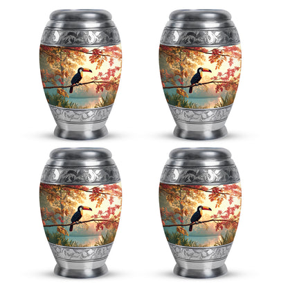 Matte Gold Hornbill Cremation Urn urn with complimentary velvet bag - royal hornbill engraving with decorative scrollwork - 10 inch aluminum urn for cremated remains