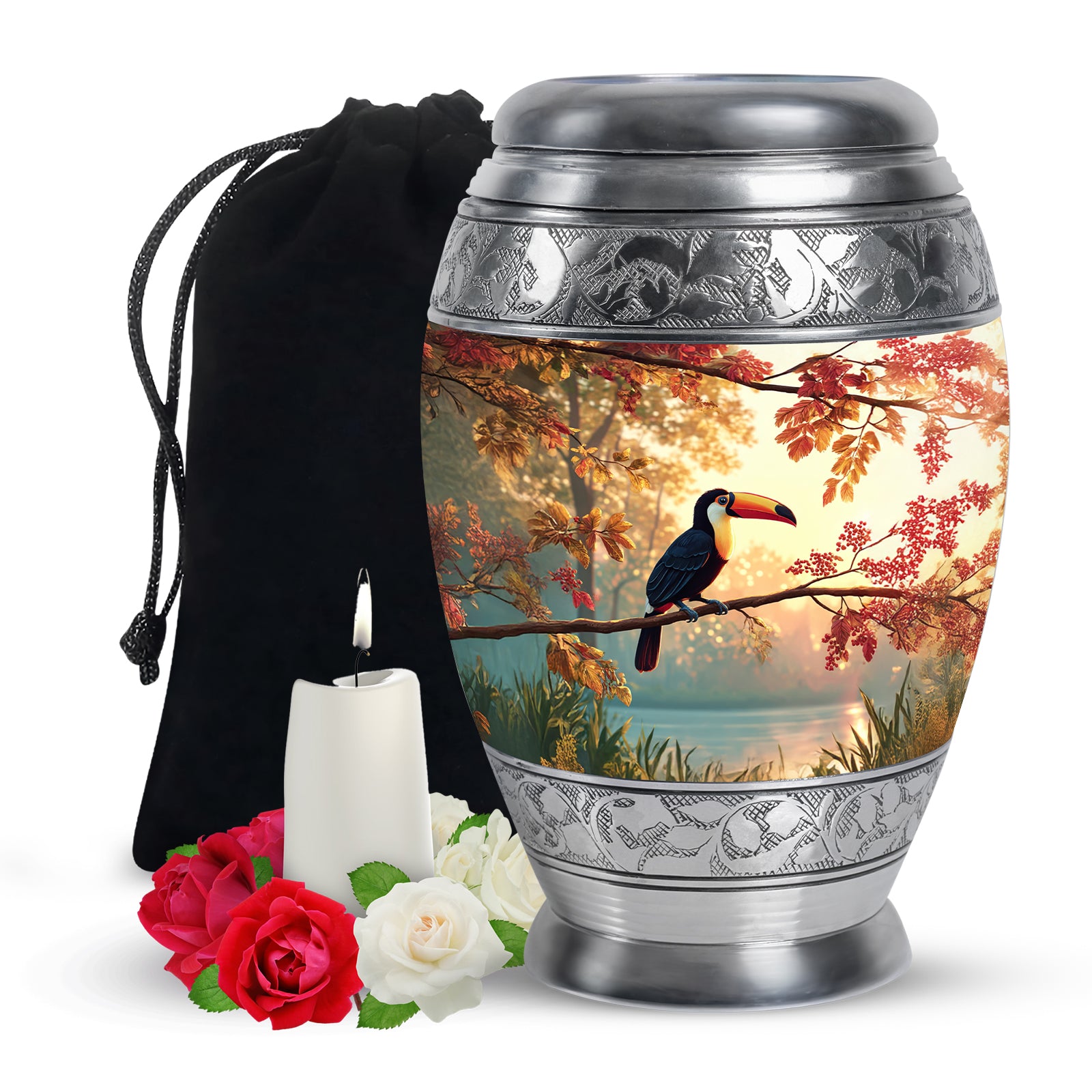 Royal Gold Hornbill Cremation Urn back view with polished surface - royal hornbill engraving with decorative scrollwork - full-size 10 inch 200 cubic inch adult cremation urn