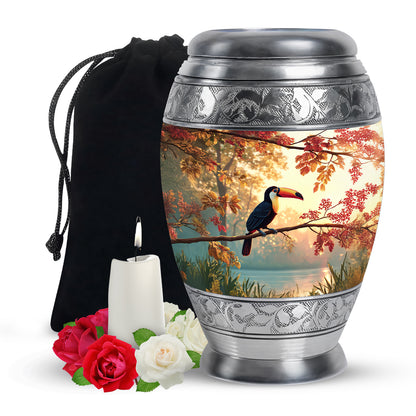 Royal Gold Hornbill Cremation Urn back view with polished surface - royal hornbill engraving with decorative scrollwork - full-size 10 inch 200 cubic inch adult cremation urn
