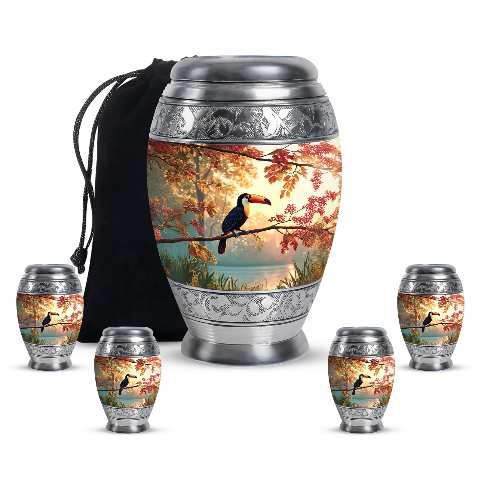 Amber Gold Hornbill Cremation Urn detail view - ornate monarch-style hornbill relief on brushed aluminum - memorial set with one large and four small urns
