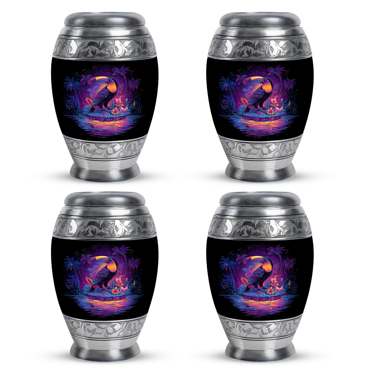 Midnight Black Hornbill Cremation Urn urn with complimentary velvet bag - majestic hornbill pattern with filigree border - 10 inch aluminum urn for cremated remains