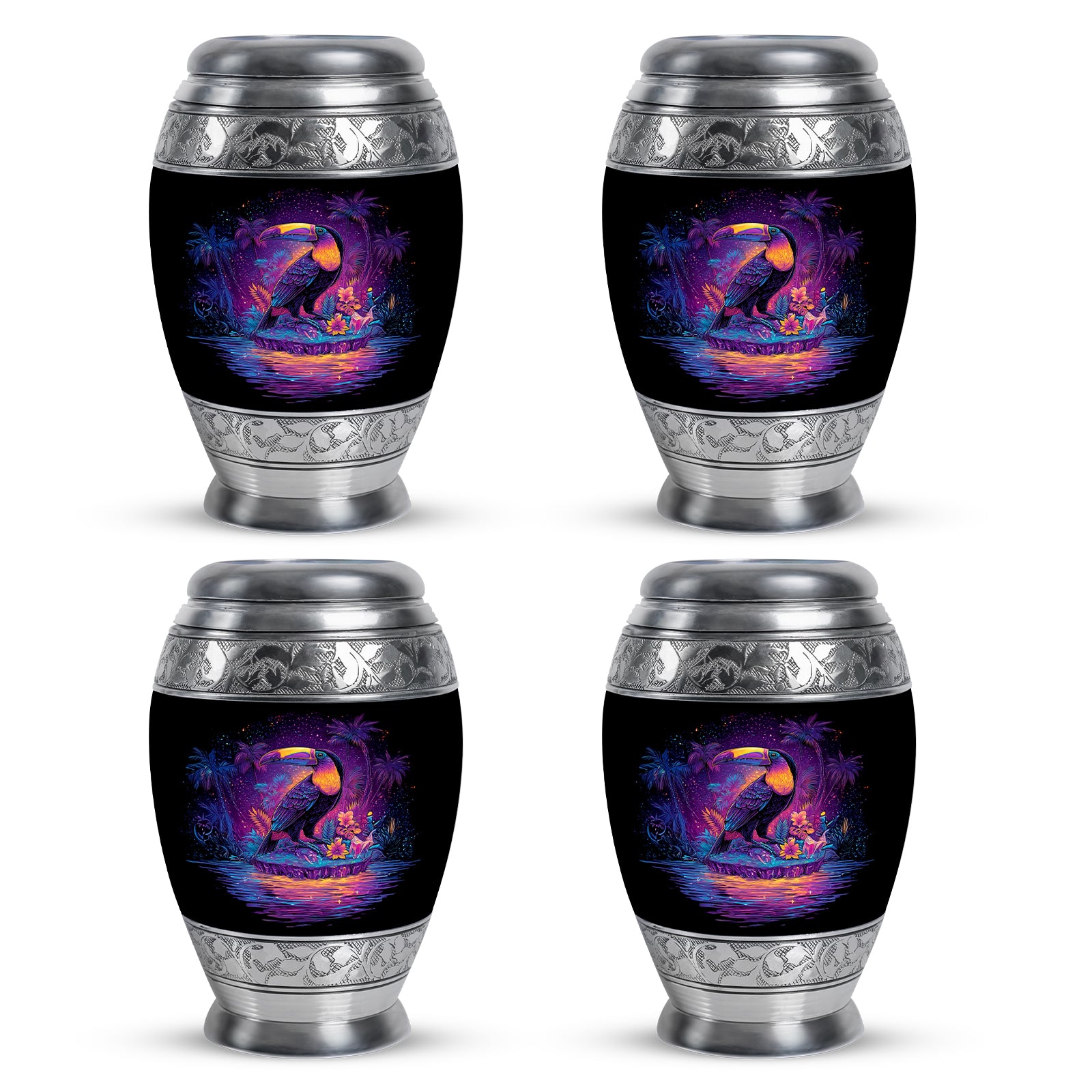 Midnight Black Hornbill Cremation Urn urn with complimentary velvet bag - majestic hornbill pattern with filigree border - 10 inch aluminum urn for cremated remains