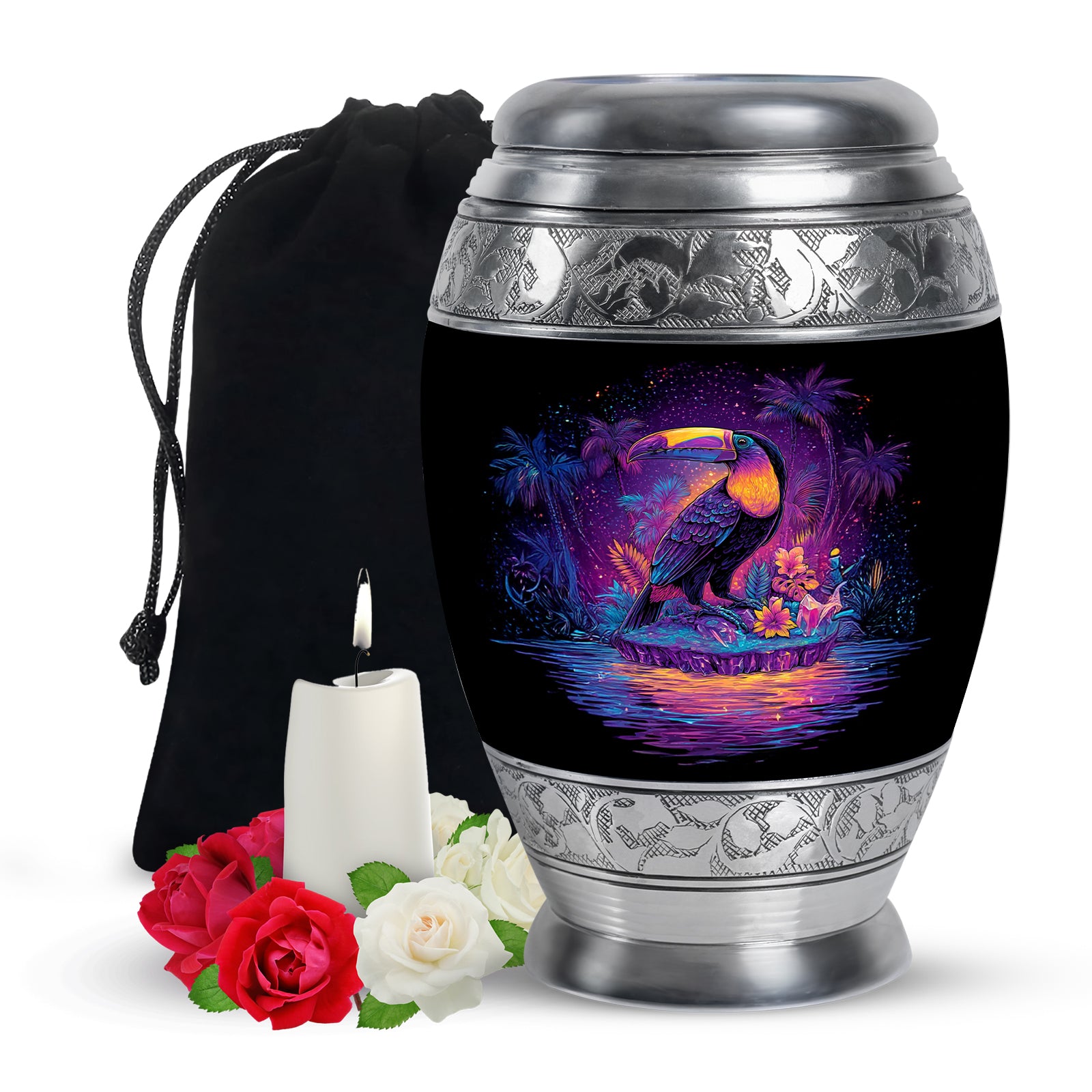 Dark Black Hornbill Cremation Urn back view with polished surface - majestic hornbill pattern with filigree border - full-size 10 inch 200 cubic inch adult cremation urn