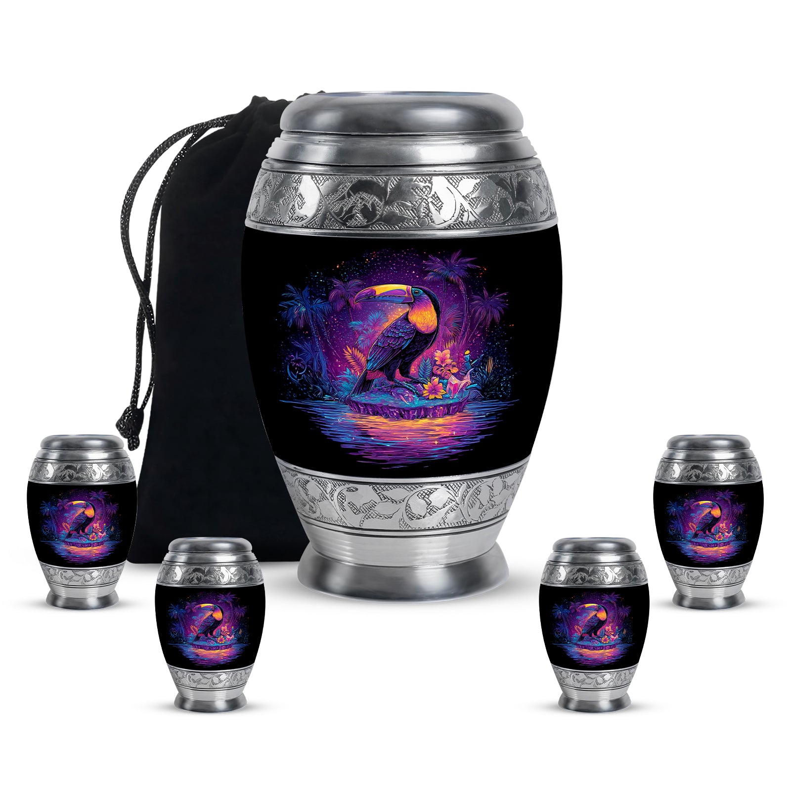 Charcoal Black Hornbill Cremation Urn detail view - majestic hornbill pattern with filigree border - memorial set with one large and four small urns