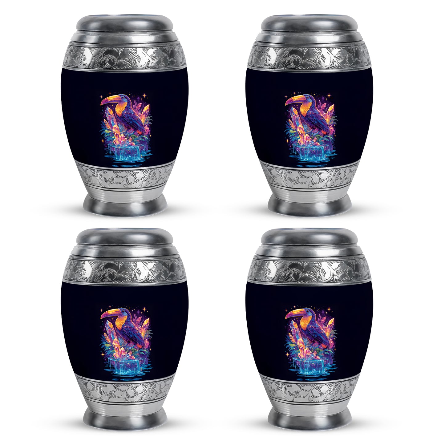 Steel Blue Hornbill Cremation Urn urn with complimentary velvet bag - royal hornbill engraving with decorative scrollwork - 10 inch aluminum urn for cremated remains