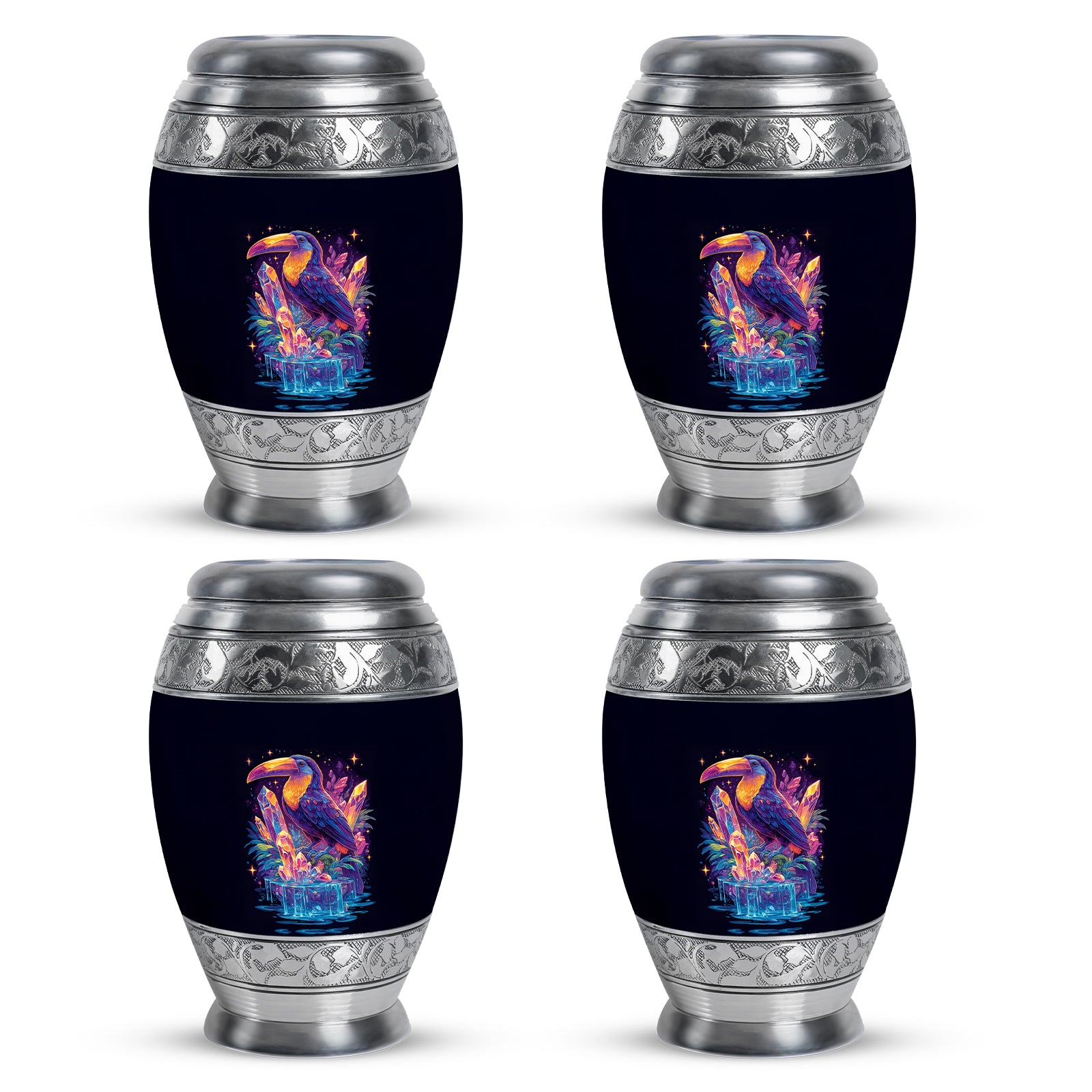 Steel Blue Hornbill Cremation Urn urn with complimentary velvet bag - royal hornbill engraving with decorative scrollwork - 10 inch aluminum urn for cremated remains