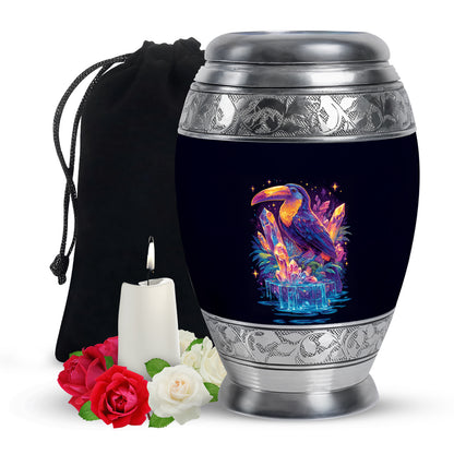 Vivid Blue Hornbill Cremation Urn back view with polished surface - royal hornbill engraving with decorative scrollwork - full-size 10 inch 200 cubic inch adult cremation urn