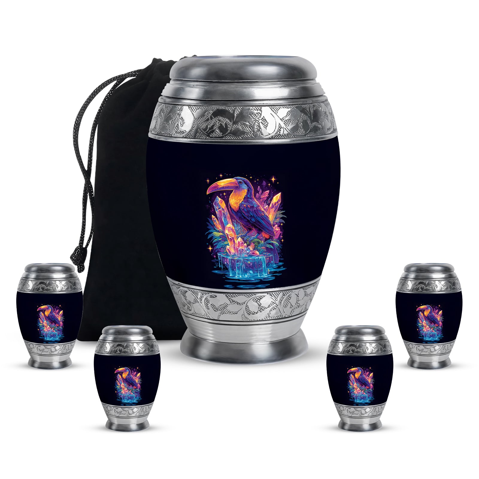 Calming Blue Hornbill Cremation Urn detail view - majestic hornbill pattern with filigree border - memorial set with one large and four small urns